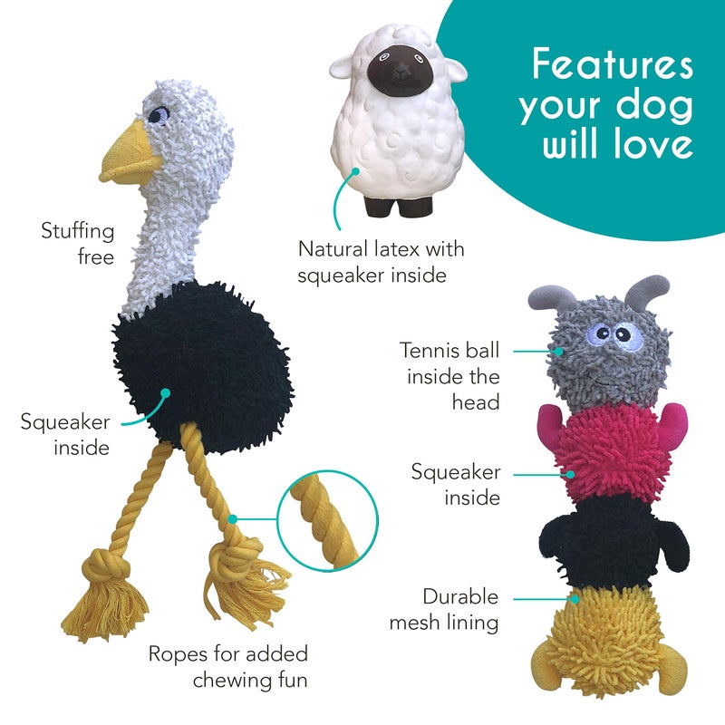 rocket & rex Dog Chew Toy Set for Small to Medium Breeds, Includes a Rope Toy, Rubber Squeaker and Plush Toys with Ball, Reduces Destructive Chewing & Anxiety (Pack of 3) - Image 3